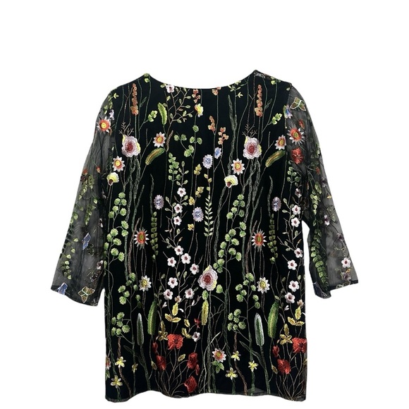 Caroline Rose Garden Walk Embroidered Floral Tunic Blouse Black Mesh Size Small - Picture 2 of 15